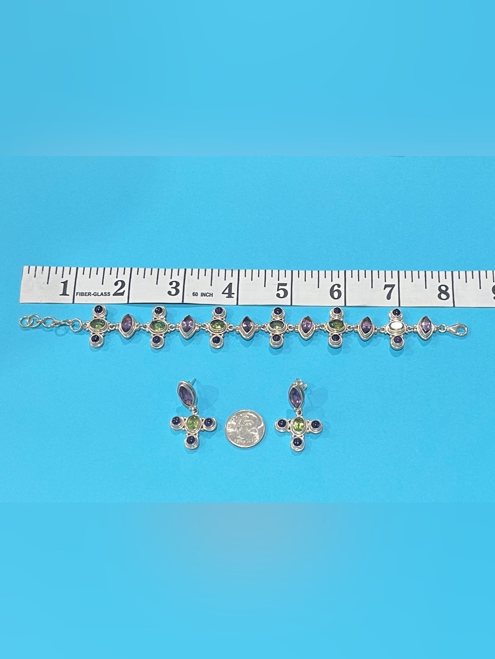 Vintage 925 Sajen Amethyst and Peridot Bali Bracelet and Earring Set - Picture 5 of 6